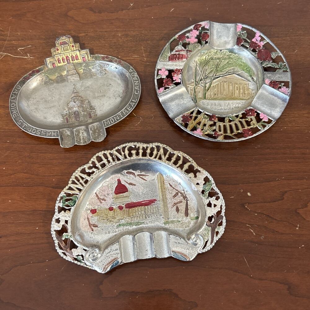 Vintage Souvenir Ashtrays Metal Painted Canada Washington DC Virginia JAPAN Lot